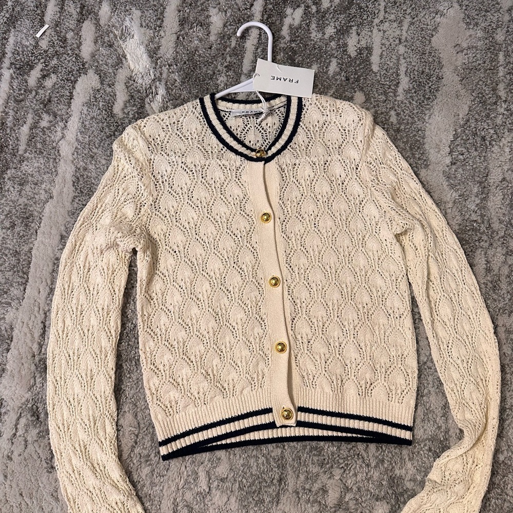 Frame Denim Cream and Black Cable-Knit Cardigan